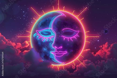 Vintage neon eclipse sun and moon aligning glowing edges retro style celestial dance in neon hues photo