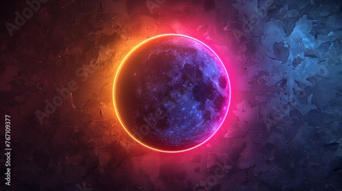 Retro neon sign of sun and moon eclipse vibrant halo effect classic design celestial event in neon light