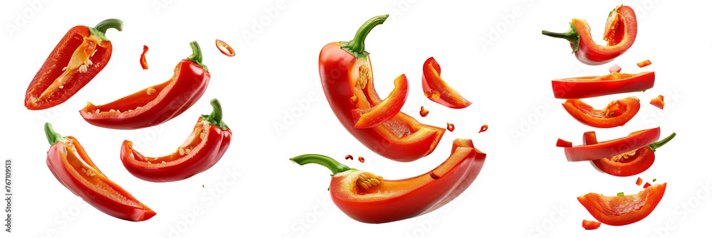 Set of Falling sweet pepper slices, paprika, isolated on white background, clipping path, full depth of field