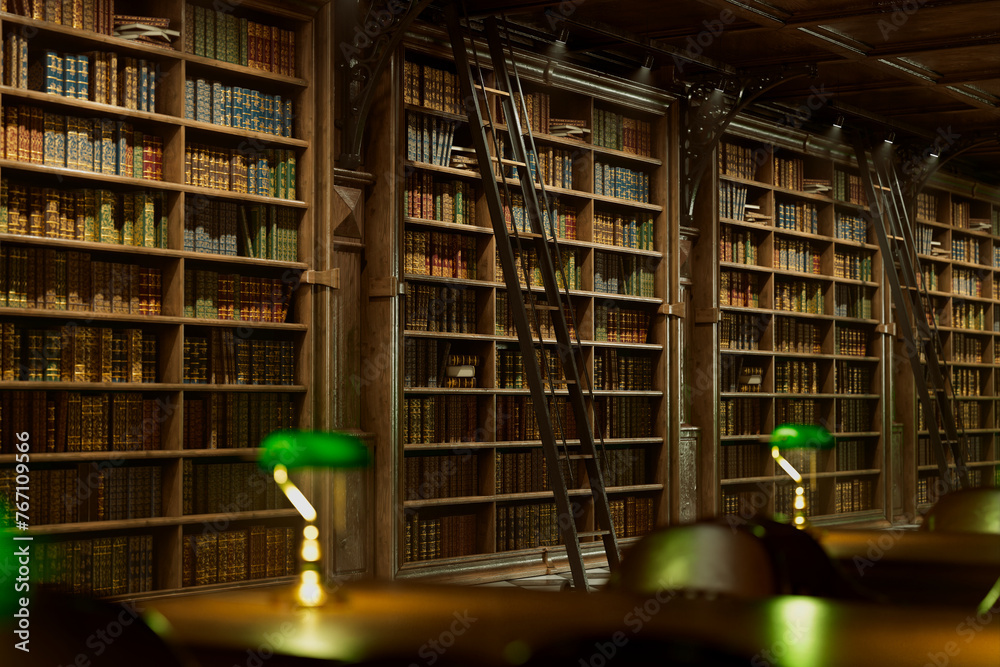 Expansive Antique Library Interior with Rolling Ladder and Filled Shelves