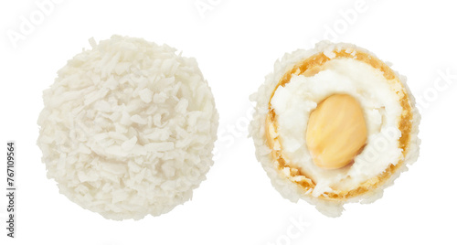 round candy raffaello with coconut flakes and nut isolated on white background. Top view. Flat lay. © kolesnikovserg