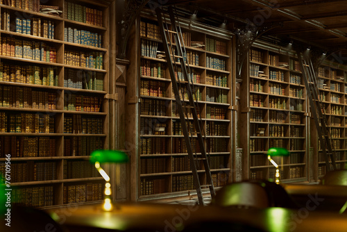 Obraz na płótnie Expansive Antique Library Interior with Rolling Ladder and Filled Shelves w salonie
