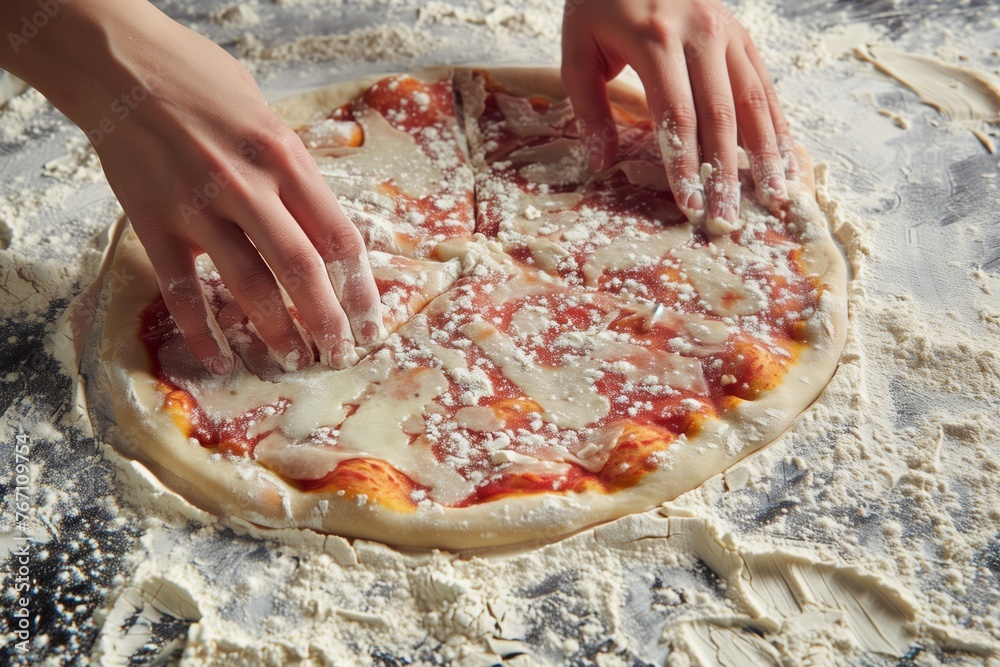 hands shaping raw pizza dough on a floured surface