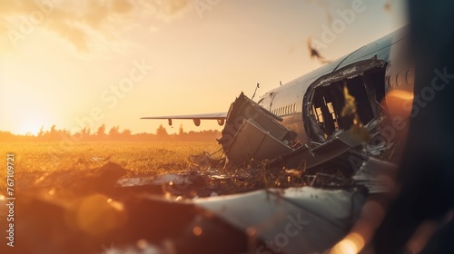 Dramatic illustration of aeroplane accident. Crashed and burnt air plane on sunset background.
