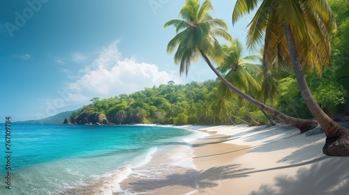Beautiful sunny beach, tropical island with palm trees, turquoise water and bright blue sky. Summer vacation concept. Sea sandy coast. Outdoor background. Ocean shore.