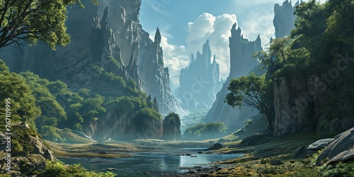 Mystical landscape of towering spires and lush valleys, a fantasy realm captured © Dan