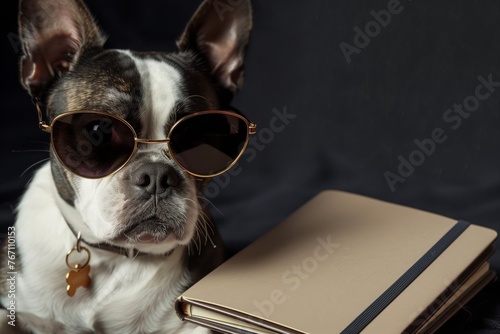 boston terrier in hornrimmed glasses with a moleskin notebook photo