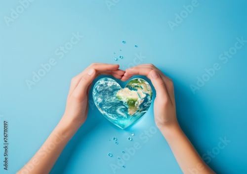 hands making a heart shape with planet earth on a blue background, with love for mother nature and global environmental protection idea
