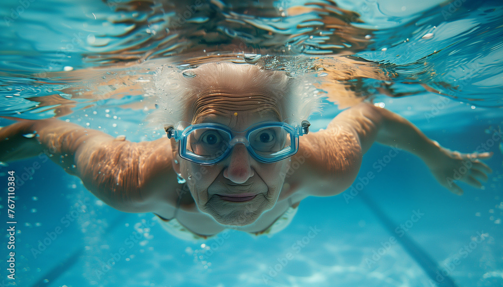 Fototapeta premium Senior Woman Enjoying Swimming Underwater