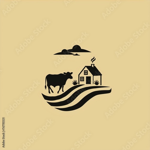 logo with farm. monochome house, cow on light background photo