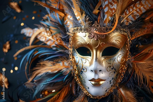 Venetian carnival mask with gold and feathers on dark background, masquerade party concept