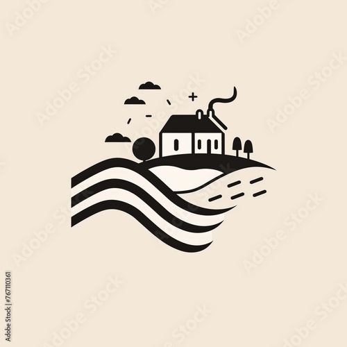 logo with farm. monochome house, wave on light background photo