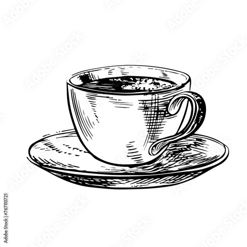 A cup of coffee, black and white vector illustration. For packaging, logos and labels. For banners, flyers, menus and posters.