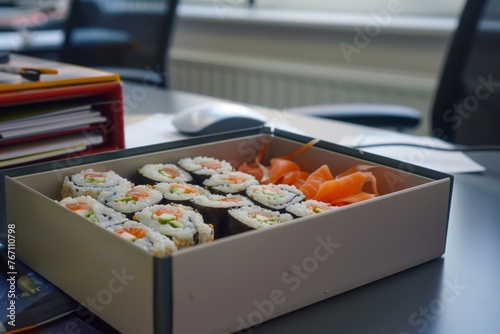 uneaten sushi rolls in a bento box left on an office desk photo