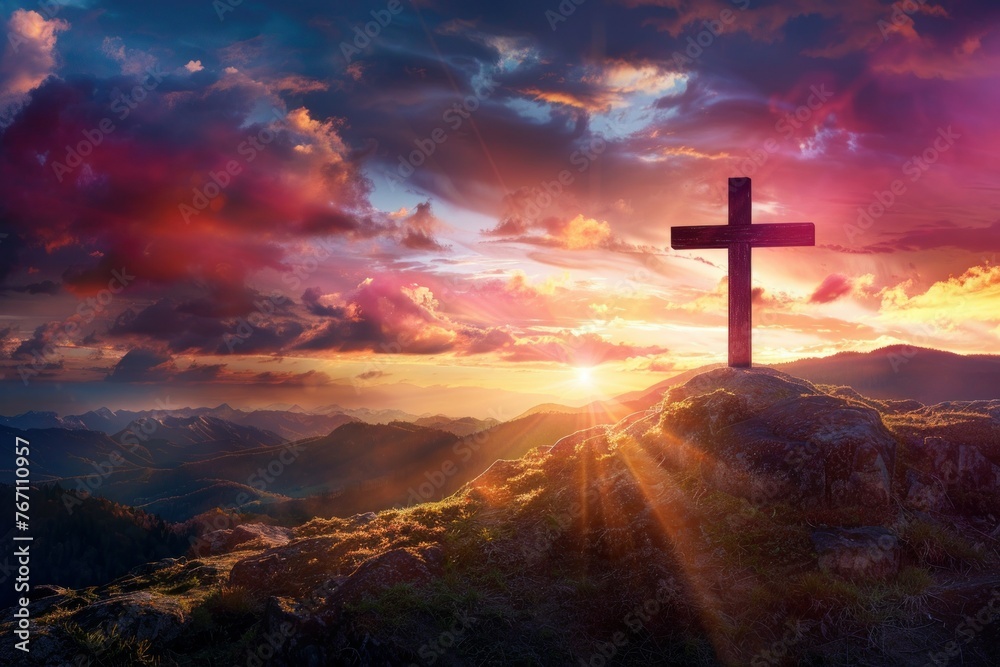 Cross on the top of the mountain against the backdrop of a beautiful sunset Cross on the top of the mountain against the backdrop of a beautiful sunset
