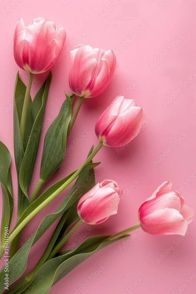 Pink tulips on pink background. Flat lay. Top view with copy space.