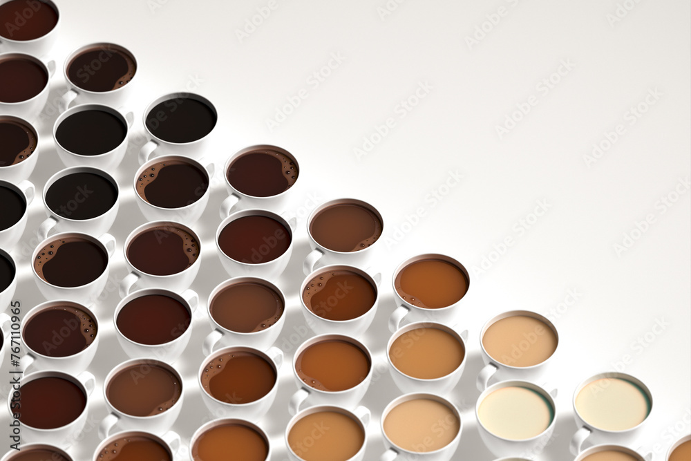 Obraz premium Gradient Display of Coffee Cups Showcasing Assorted Roast Shades on a Table