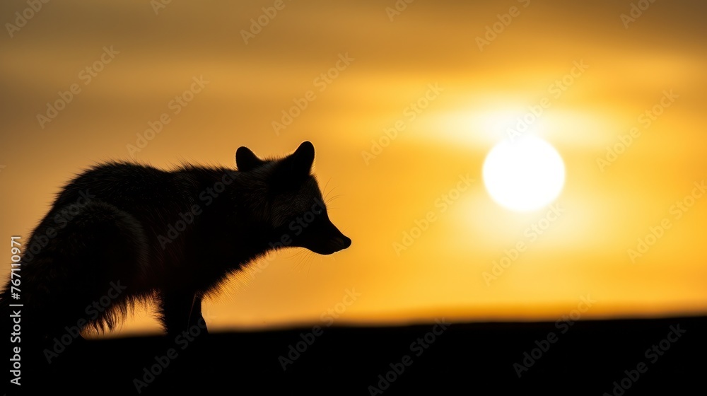 Silhouette of raccoon on sunset sky.