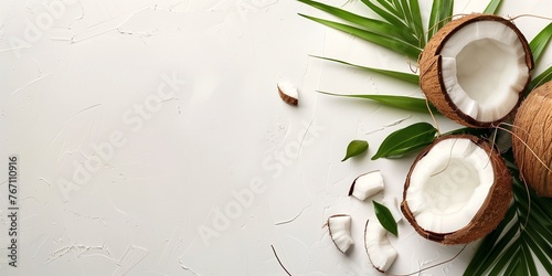 cocount and palm branch on white background