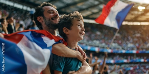 French fan in the soccer football stadium merge with French flag