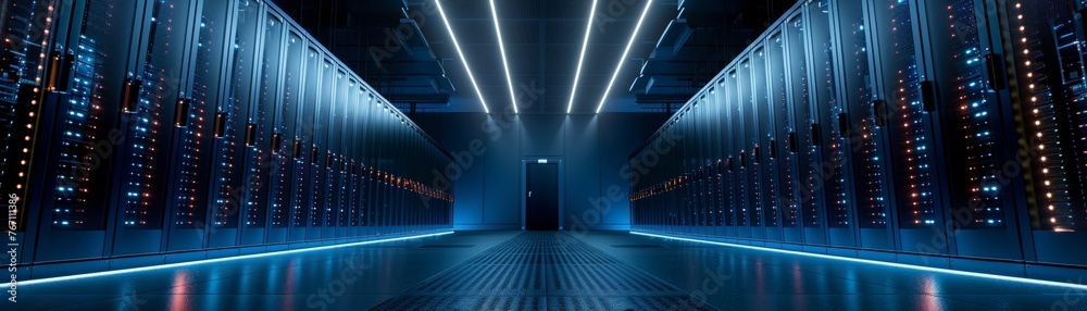 An advanced data facility features neatly organized server racks in a dimly lit environment, accentuated by vibrant LED lighting, highlighting the intricacies of information storage.