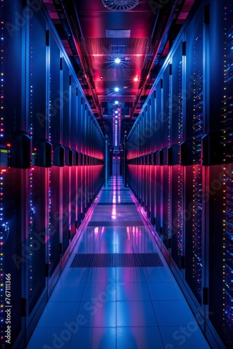 An advanced data facility features neatly organized server racks in a dimly lit environment, accentuated by vibrant LED lighting, highlighting the intricacies of information storage.