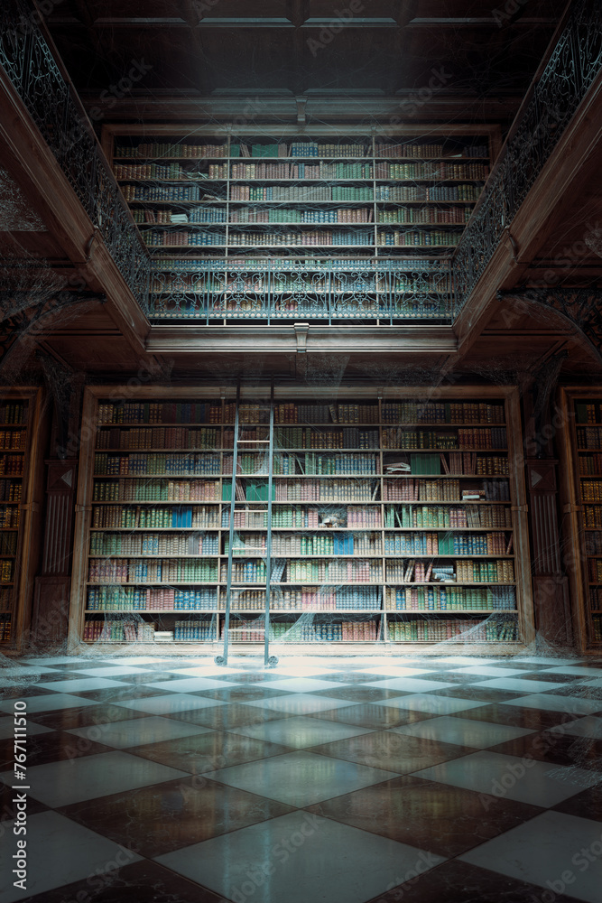 Enigmatic Antique Library: Dust-Laden Shelves, Cobwebs, and Time-Worn Books