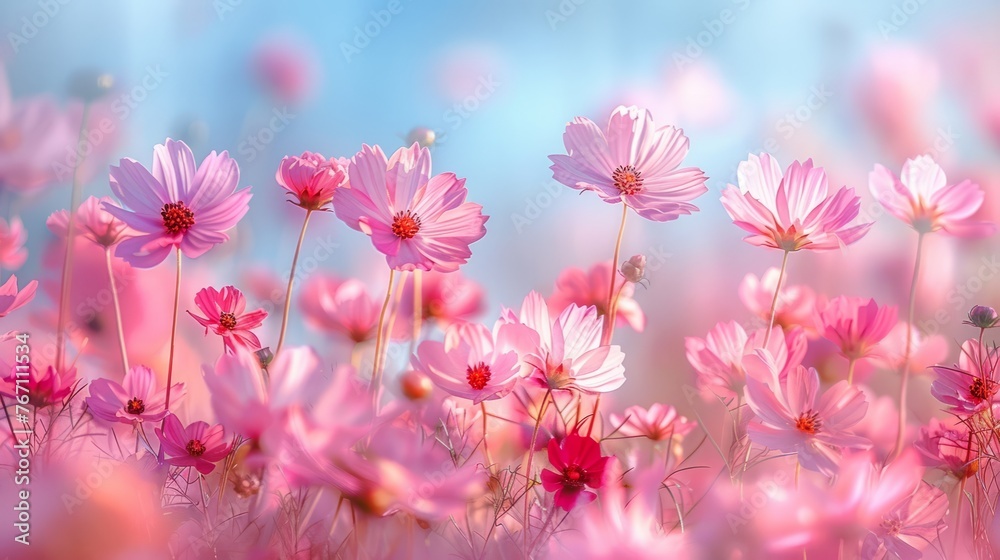 Pink flowers with blue sky backdrop in natural landscape - obrazy, fototapety, plakaty 