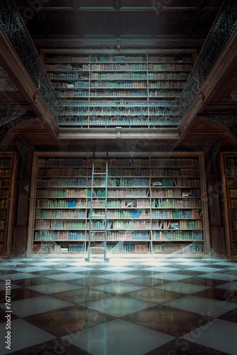 Obraz na płótnie Enigmatic Antique Library: Dust-Laden Shelves, Cobwebs, and Time-Worn Books w salonie