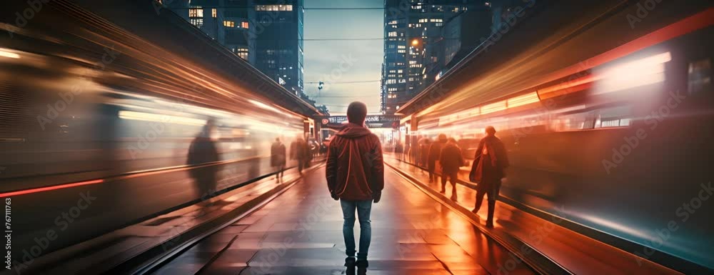 Long exposure picture with lonely young man shot from behind at subway station with blurry moving train and walking people in background, digital art 4K Video
