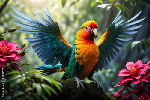 A colorful parrot with spread wings