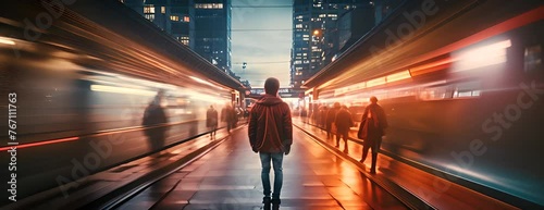 Long exposure picture with lonely young man shot from behind at subway station with blurry moving train and walking people in background, digital art 4K Video photo