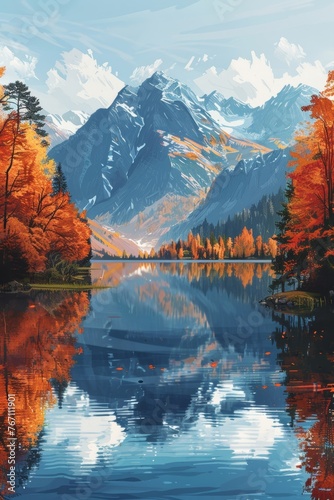 Colorful autumn illustrations of mountain scenery