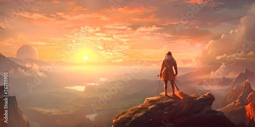 An adventurer stands on a mountaintop as the setting sun casts vibrant rays over the valley below 4K Video photo