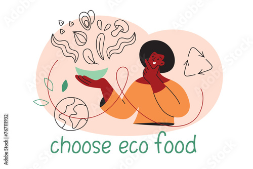 Choose sustainable food poster, vector illustration of woman eating eco friendly products, mussels, mushroom and buckwheat icons, go green composition, sustainability lifestyle, ecology concept