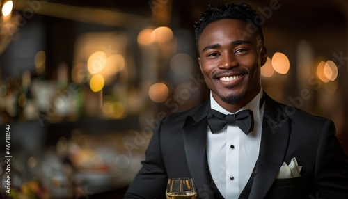 A man in a tuxedo is smiling and holding a glass of wine