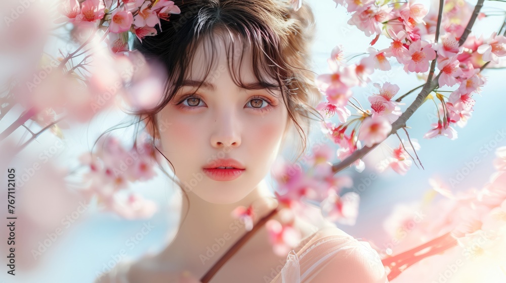 Fototapeta premium 満開の桜と若い女性のポートレート