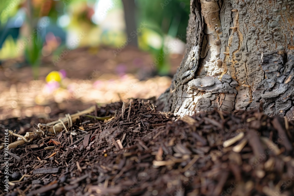 closeup of mulch around the base of a tree closeup of mulch around the base of a tree