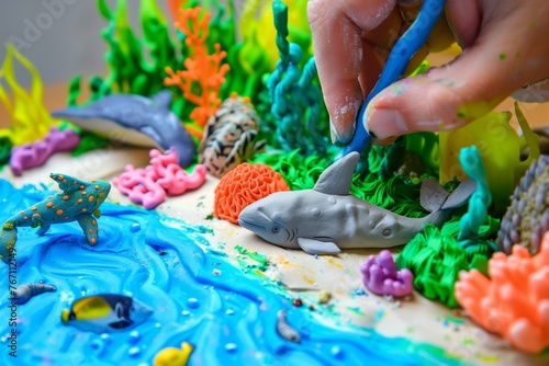 sculpting a plasticine ocean scene with marine life