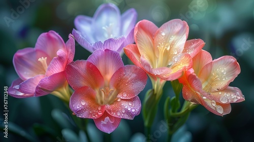 Colorful flowers with water droplets, part of the Lily family