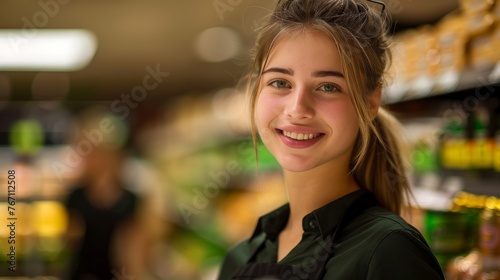 A smiling woman in a green shirt stands in a store