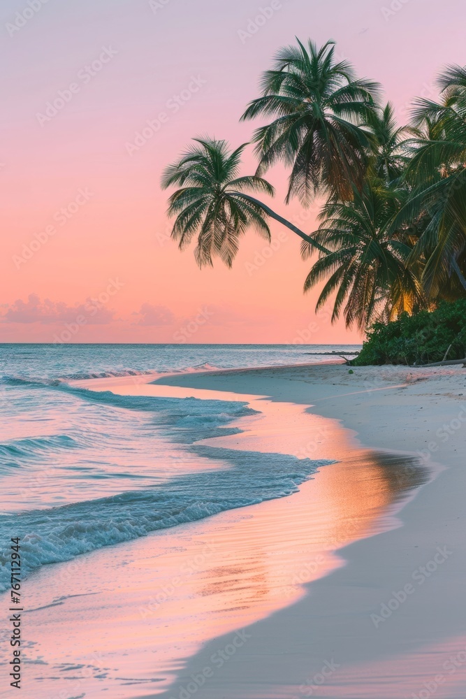 Tropical beach with coconut trees and serene sea during sunrise or sundown. Wide image of a tranquil scenery - Generative artificial intelligence.