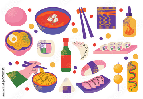 Asian food set. Asian cuisine with various dishes noodles, sushi, dumplings, soup, mochi, and condiments. Vector flat illustration isolated on background