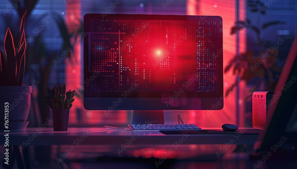 Security Breach Alert, computer security with an image showing a computer screen with a red alert warning sign, AI