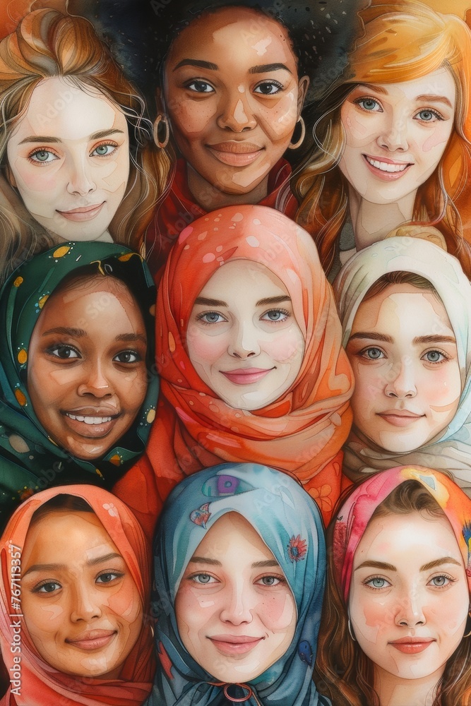 A diverse group of young women happily posing together, showing unity and positivity, in a vibrant watercolor design on a plain white backdrop, symbolizing the beauty of diversity. A diverse group of young women happily posing together, showing unity and positivity, in a vibrant watercolor design on a plain white backdrop, symbolizing the beauty of diversity.