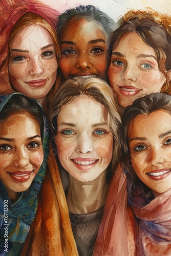 A diverse group of young women happily posing together, showing unity and positivity, in a vibrant watercolor design on a plain white backdrop, symbolizing the beauty of diversity.