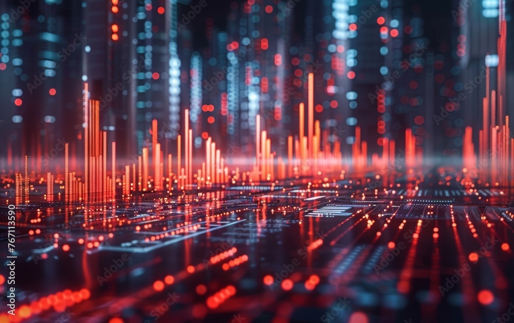 Cutting-edge data visualization technology represents intricate financial information with signals of growth, ideal for promoting tech-focused investment firms.