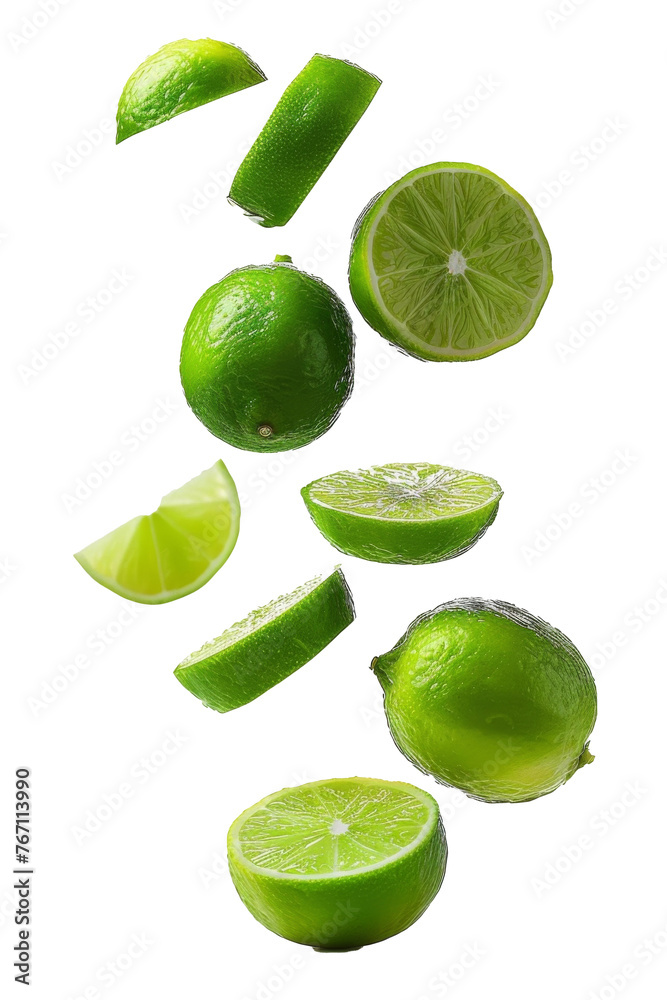 Falling lime isolated on white background, clipping path, full depth of field
