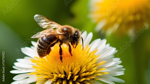 Blurry green background with macro shot of honey bee