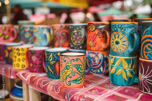 handpainted mugs on a vibrant market stall display © studioworkstock